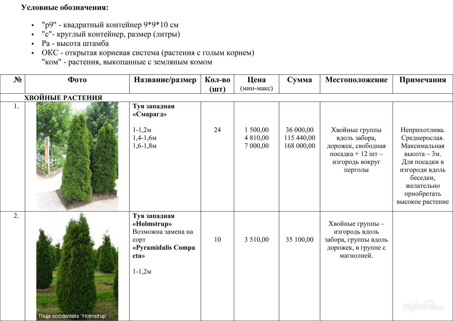 Пример таблицы для ассортиментной ведомости растений